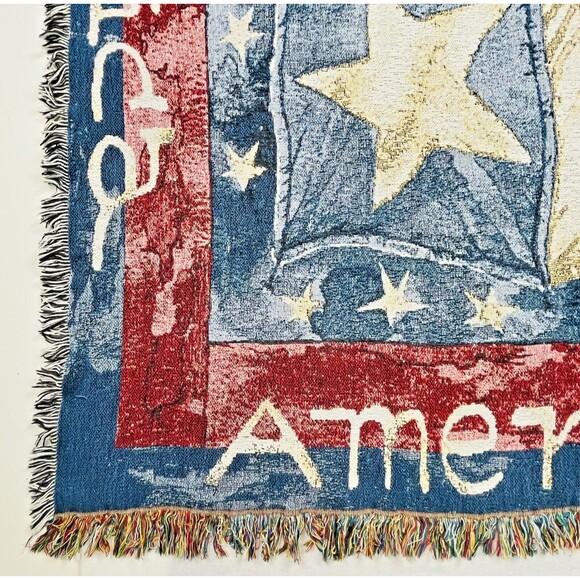 VTG Tapestry American Flag throw Lap Blanket Patriotic Fringed 70in x 50in - Picture 8 of 12
